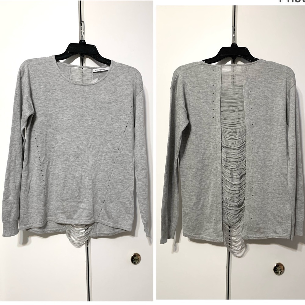 Stitches & Stripes Fringe Gray Knit Sweater open back distressed bohemian small